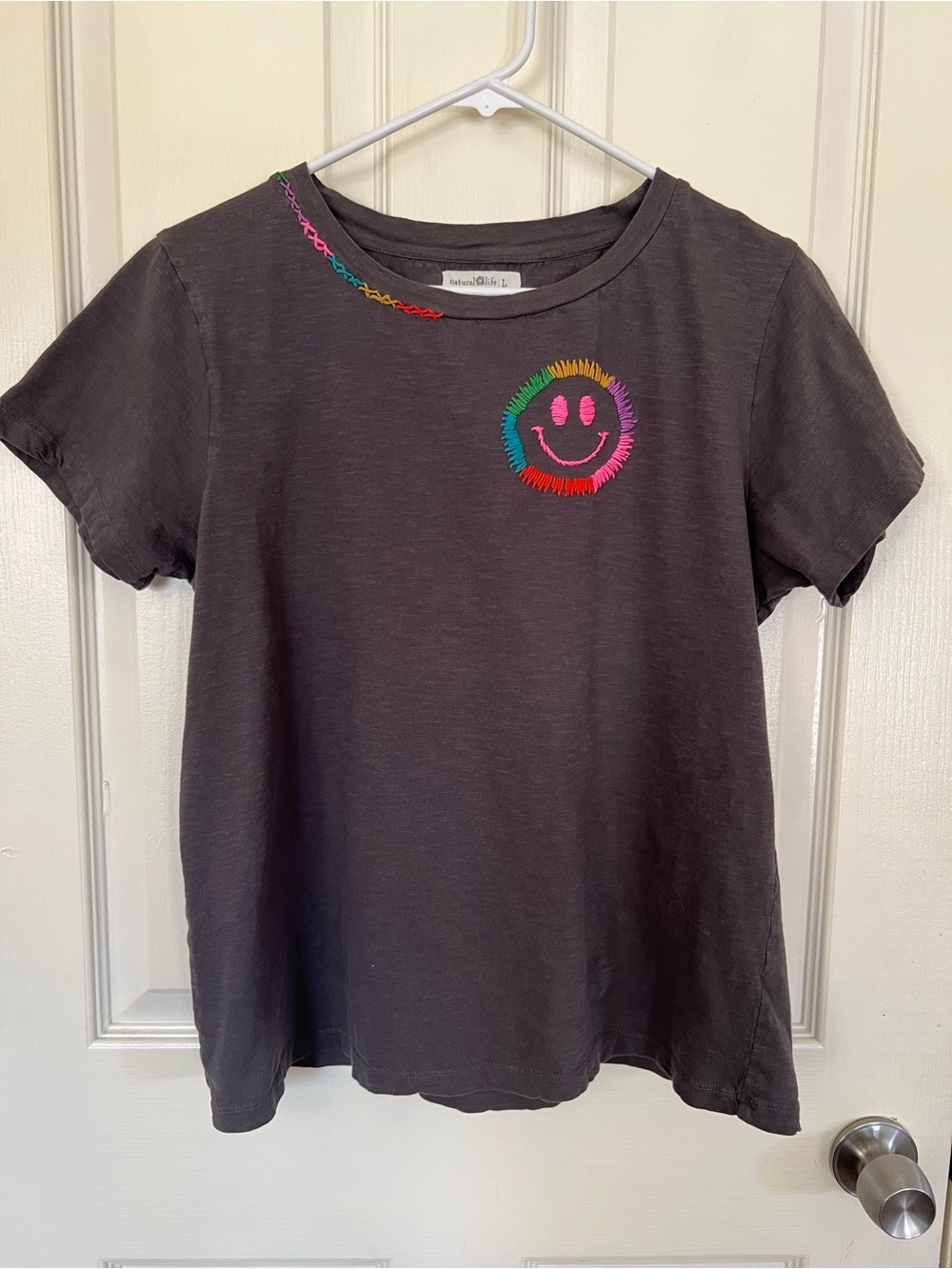 Natural Life Embroidered Smiley Face Cotton Tee Gray Large